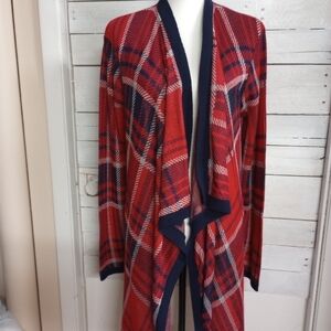 Say What 2X Cardigan Red Blue Plaid Contrast Trim Open Front Long Sleeve Stretch